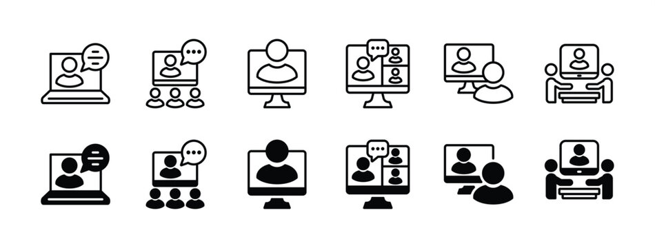 Video conference icon set. Digital communication icons. Containing group, meeting, chat speech bubble, discussion, conversation, talking, course, webinar, presentation. Vector illustration