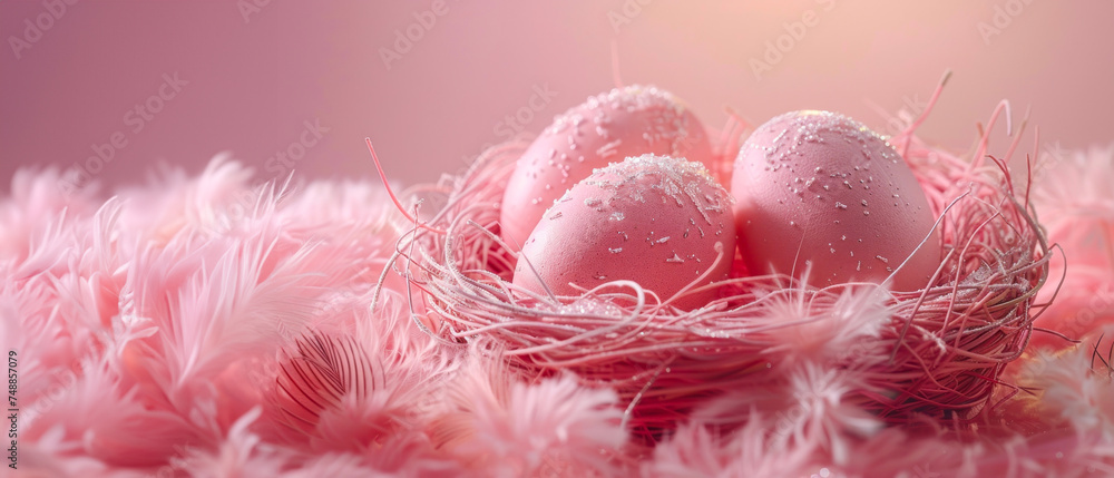 Wall mural A festive and soft-focused image featuring a nest with pink speckled Easter eggs amidst delicate pink blossoms