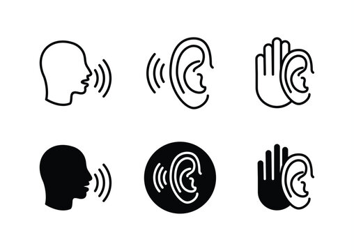 Listening and speaking icon set. Containing talking, ear with sound wave, hearing, communication. Vector illustration