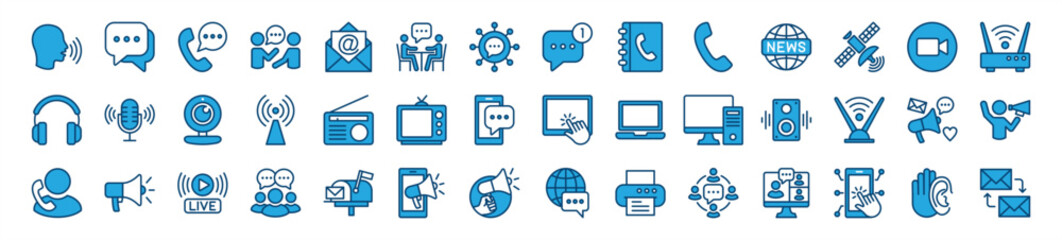 Set of communication and speaking icon. Discussion, speech bubble, talking, chat, social media message, conversation, campaign, announce, technology for app and website. Vector illustration - obrazy, fototapety, plakaty