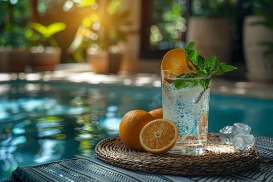 An inviting image of a refreshing poolside lemonade setup with ice and sliced oranges, highlighting a perfect summer day