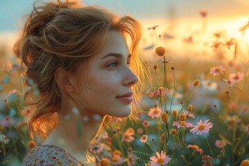 Naklejka premium Young woman with a pensive expression lost in a field of wildflowers at sunset