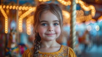 Fototapeta premium Smiling Little Girl on a Carousel, A Happy Child Riding a Merry-Go-Round, Little Girl Enjoying the Carnival Ride, Carousel Fun with a Smiling Child.