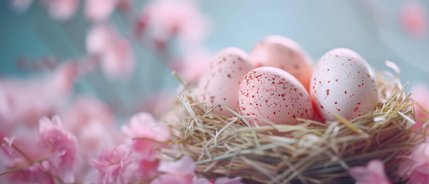 A festive and soft-focused image featuring a nest with pink speckled Easter eggs amidst delicate pink blossoms