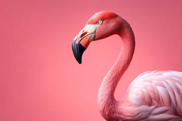 Colorful Exotic Beauty: A Close-Up Portrait of a Pink Flamingo, showcasing its Elegant Profile and Bright Plumage against a Blue Caribbean Background.