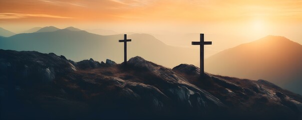 Cross Silhouettes on Mountain Peak at Dawn: Symbolizing Hope and Faith. Concept Nature, Silhouette, Mountain Peak, Dawn, Hope