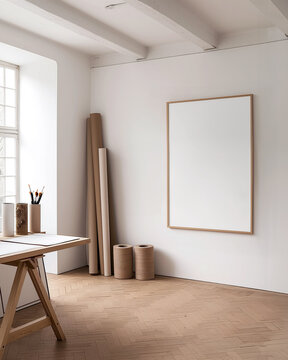 A minimal interior with frame mockup. The room is an artist studio, rolls of artist paper, packing tubes, a wooden desk. A large framed mockup on the wall