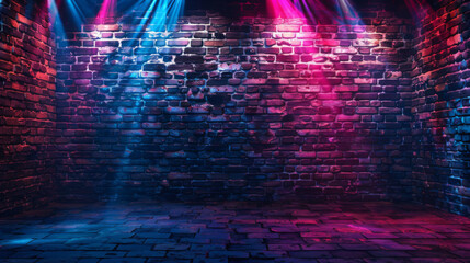 Empty brick wall background, night view, neon light, rays. Celebratory background.