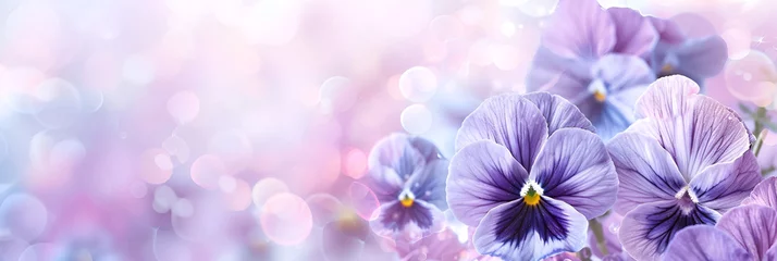 Fotobehang Frame with  blue pansies flowers on  pastel blur bokeh  background. Background for  banner, wedding greeting card, St Valentines, Women's, Mothers day. copy space © Olga