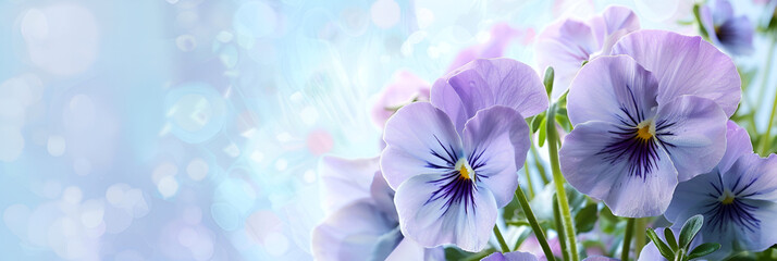 Frame with  blue pansies flowers on  pastel blur bokeh  background. Background for  banner, wedding greeting card, St Valentines, Women's, Mothers day. copy space - obrazy, fototapety, plakaty