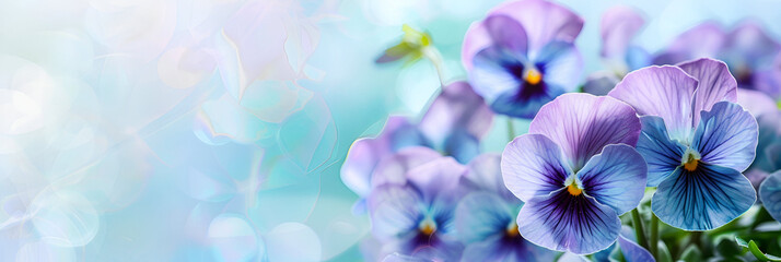 Frame with  blue pansies flowers on  pastel blur bokeh  background. Background for  banner, wedding greeting card, St Valentines, Women's, Mothers day. copy space