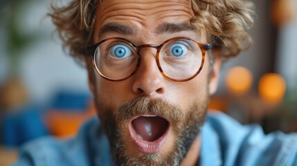 Surprised Man with Blue Eyes and Glasses, Man in Glasses Making a Funny Face, The Shocked Expression of a Bearded Man, A Guy with Blue Eyes and Brown Hair Looking Surprised.
