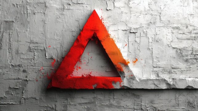 Triangular Red Sign, Orange Triangle on Wall, Red Triangle Artwork, Triangular Symbol on Concrete Surface.