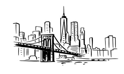 New York, USA. Brooklyn bridge Travel sketch - obrazy, fototapety, plakaty