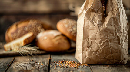 Artisanal Breads in Recyclable Paper Bags on Rustic Wood