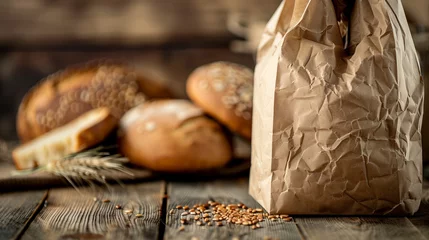 Papier Peint photo Boulangerie Artisanal Breads in Recyclable Paper Bags on Rustic Wood