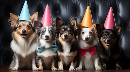 Group of cute dogs in party hats on color background - obrazy, fototapety, plakaty