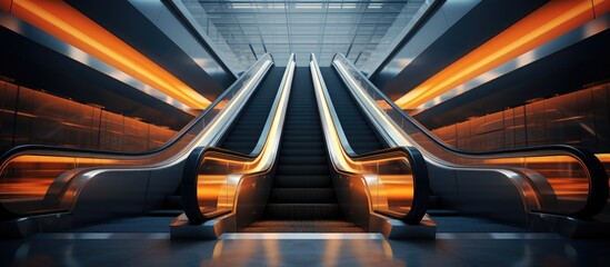 An escalator in a subway station sits empty, with no passengers in sight. The mechanical stairs move silently, waiting for commuters to ascend or descend.