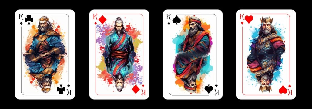 Set of card kings of different suits, depicting monarchs of different cultures, isolated on black