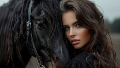 A very beautiful vintage girl hugs a horse with feelings.