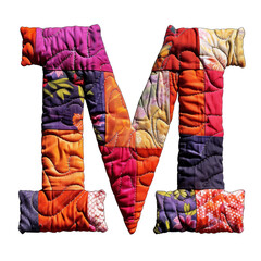 Quilted Patch Letter M Isolated on Transparent or White Background, PNG