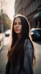 Fototapeta premium Young beautiful woman with long dark hairs wearing jeans jacket standing on the street.