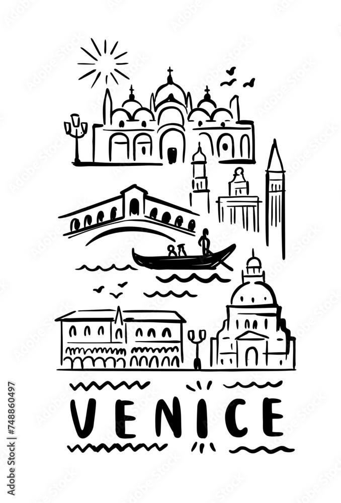 Wall mural city of venice in sketch style on white