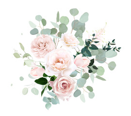 Pale pink and dusty beige rose, camellia, magnolia, mint eucalyptus, greenery vector design floral bouquet