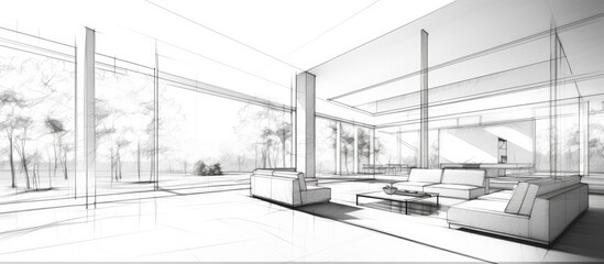 The drawing depicts a modern living room with minimalist design, featuring sleek couches and stylish tables. Large windows allow natural light to fill the room, creating a bright and airy atmosphere.
