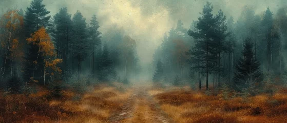 Photo sur Plexiglas Olive verte Autumn Path, Misty Forest Trail, Golden Leaves on Trees, Foggy Forest Road.