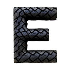 Black Tire Letter E Isolated on Transparent or White Background, PNG