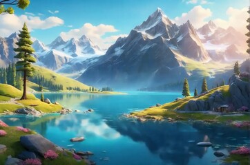 Experience the beauty of a cartoon landscape like never before. With a stunning mountain range and...