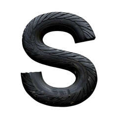Black Tire Letter S Isolated on Transparent or White Background, PNG