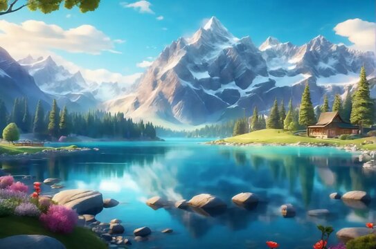 Experience the beauty of a cartoon landscape like never before. With a stunning mountain range and a shimmering lake, this scene is brought to life with a unique blend of styles and textures