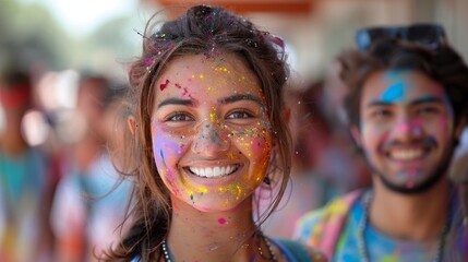 On March 20, 2011 in Delhi, India, tourists and students of Jawaharlal Nehru University celebrate the festival of Holi. Holi is a spring festival traditionally celebrated with colorful costumes. - obrazy, fototapety, plakaty