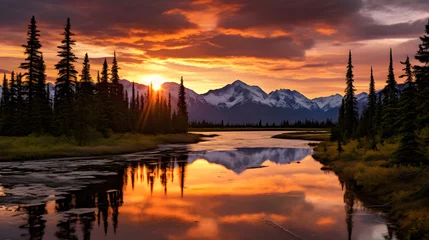 Papier Peint photo Lavable Bordeaux Sublime Sunset Over Alaskan Wilderness - A Vibrant Mix of Serenity & Grandeur