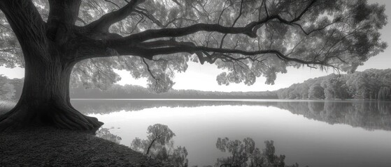 Majestic Tree by the Lake, Peaceful Scene of a Large Tree and Calm Water, Serene Reflection of Trees on the Lake, Nature's Beauty: A Tree and Lake Combination.