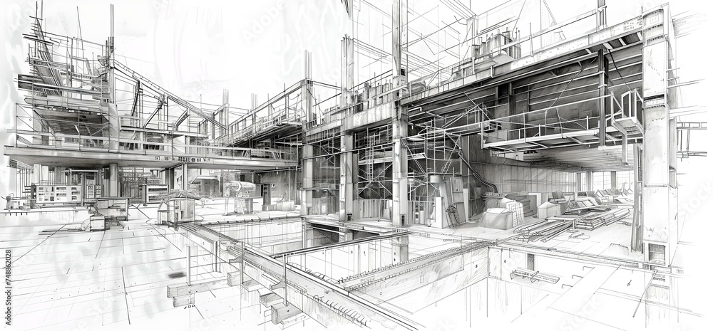Poster detailed architectural sketch of a modern building structure showcasing design complexity. perfect f
