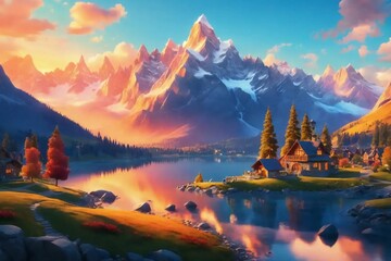 A whimsical world of cartoon mountains and a serene lake in this vibrant landscape. Watch as the...