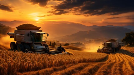 Combine harvesters expertly threshing wheat crops in serene agricultural setting - obrazy, fototapety, plakaty