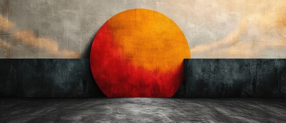 Sunset on a Wall, A Red Sun in the Sky, The Setting Sun, Glowing Orange Sun. - obrazy, fototapety, plakaty
