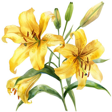 Watercolor yellow lilies on transparent background. Watercolor bouquet of lilies. PNG image