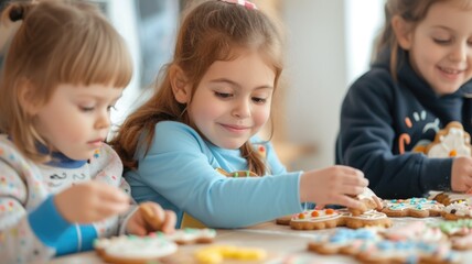Children enjoying a fun and educational cookie decorating workshop with quilted cookies, promoting creativity - obrazy, fototapety, plakaty
