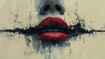 Kunst - Mund mit roten Lippen - obrazy, fototapety, plakaty