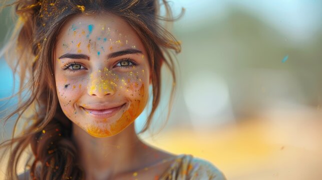 Young girl enjoying Holi color festival in a portrait.