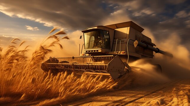 Multiple combine harvesters efficiently threshing wheat in a vibrant golden field