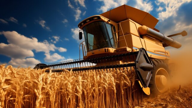 Agricultural scene. combine harvesters threshing wheat field on a sunny day in a rural farm