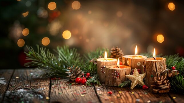 Christmas background with wooden decorations and candles. Free space for text. Celebration and decorative design.