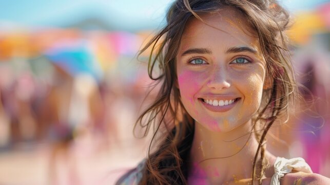 During Holi color festival, a young girl is happy and smiling