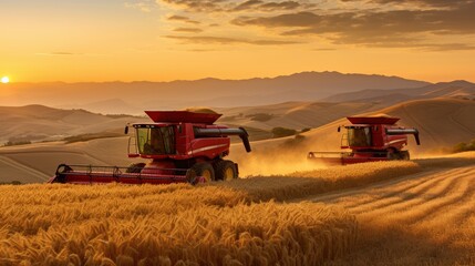 Combines harvesters working in the field to thresh wheat in agricultural farming process - obrazy, fototapety, plakaty
